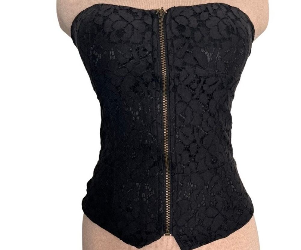 Full Tilt Bustier Top M Padded Bra Lace Overlay Front Zip Strapless Smocked Back